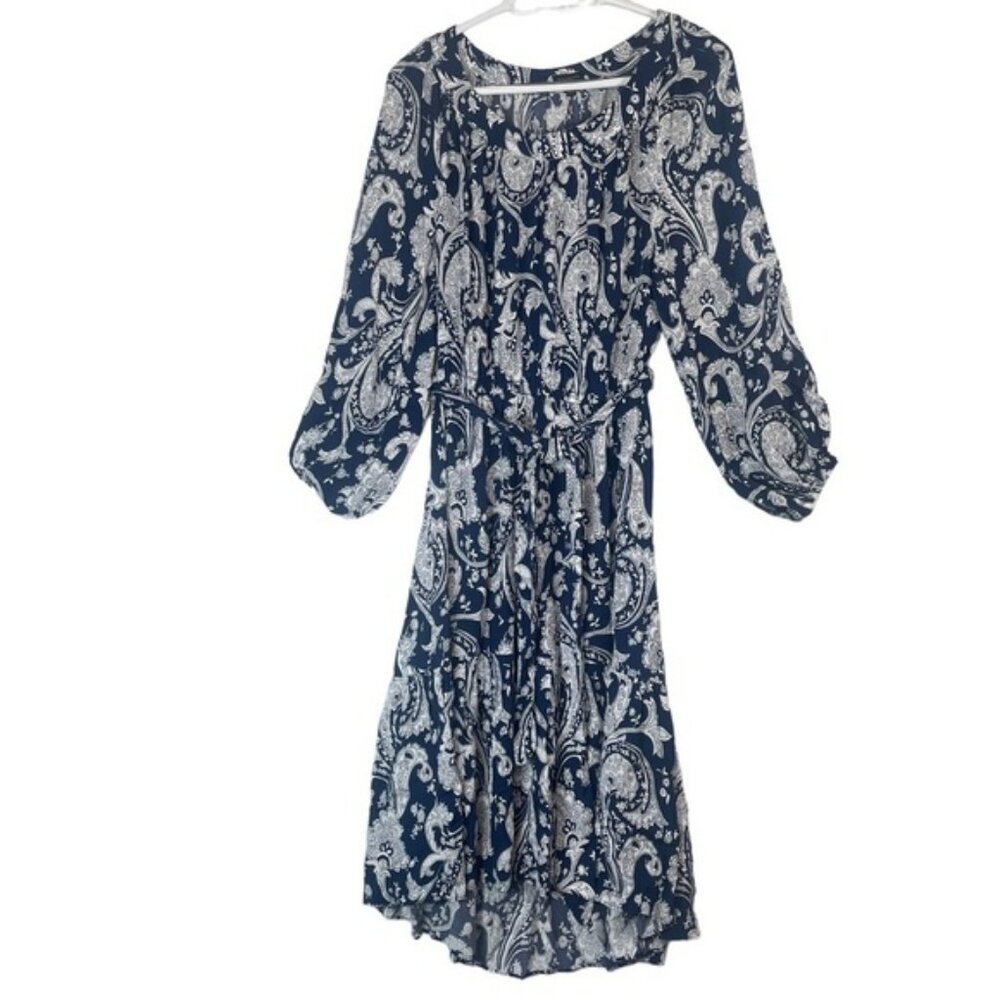 Talbots Blue White Paisley Long Sleeved Belted Fit and Flare Dress Size Medium